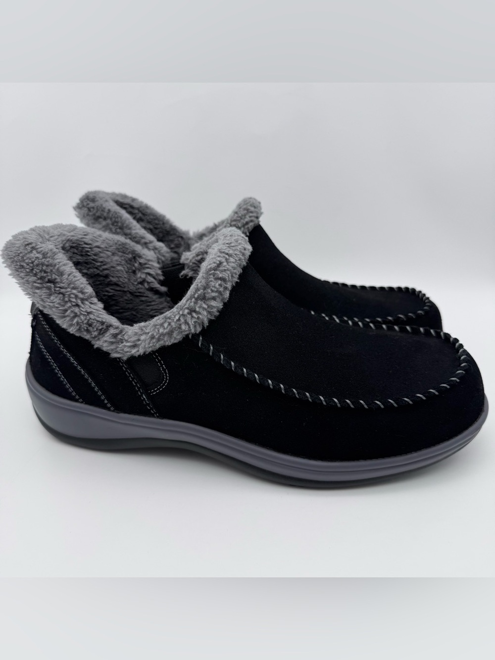 Orthofeet Lorin Hands Free Black Suede Fur Lined Slip On Shoes Women 9 M